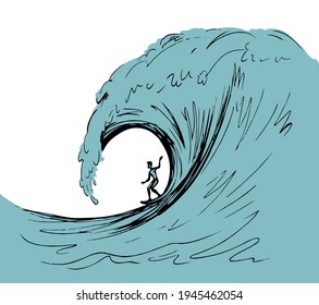 Modern swirl clear marine tide foam drop flow scenic view white sky text space. Vintage outline black hand drawn fun happy power guy crash scene emblem logo concept retro art doodle line style design