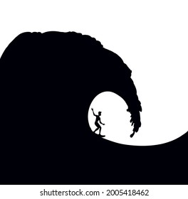 Modern swirl clear marine tide foam drop flow scenic view white sky text space. Vintage outline black hand drawn fun happy power guy crash scene emblem logo concept retro art doodle line style design