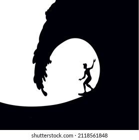 Modern swirl clear marine tide foam drop flow scenic view white sky text space. Vintage outline black hand drawn fun happy power guy crash scene emblem logo concept retro art doodle line style design
