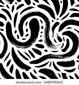 Modern swirled seamless pattern, messy brush strokes and bold rough lines. Hand drawn vector ink illustration. Abstract organic geometric wallpaper. Rough hand drawn vector texture.