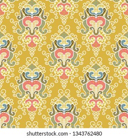 Modern swirly bright damask in yellow, pink, blue, and black.  Seamless repeat vector pattern.