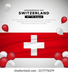 Modern Switzerland independence day design background with wavy flag and balloon.