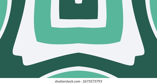 A modern, symmetrical abstract background with bold, layered shapes in a cool green and white color palette.