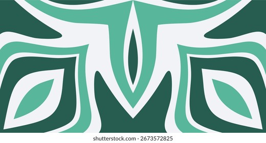 A modern, symmetrical abstract background characterized by bold, flowing organic shapes in a cool green and white color palette.