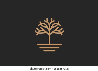 Modern symmetrical golden tree with leaf and soil logo design