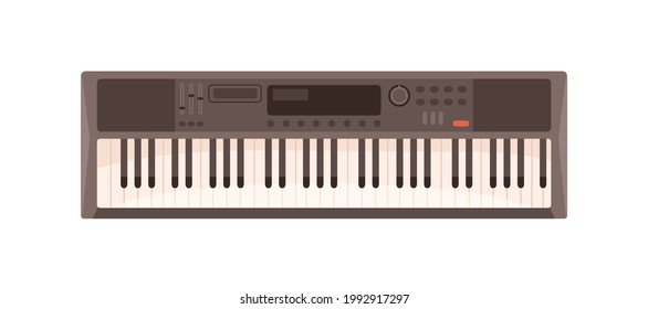 Modern Synthesizer With Keys, Buttons And Display. Synth, Electronic Keyboard Music Instrument. Digital Piano. Colored Flat Vector Illustration Isolated On White Background