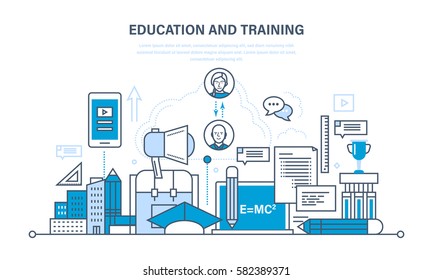 The modern system of education and training, distance learning, technology, knowledge, teaching and skills. Illustration thin line design of vector doodles, infographics elements.