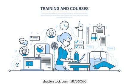 The modern system of training and courses, distance learning, technology, knowledge, teaching and skills. Illustration thin line design of vector doodles, infographics elements.