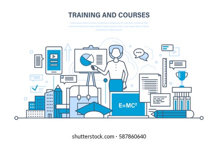 The modern system of training and courses, distance learning, technology, webinar, knowledge, teaching and skills. Illustration thin line design of vector doodles, infographics elements.