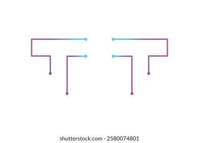 Modern T shaped design with vibrant gradient lines and dots.