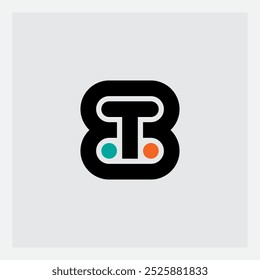 Design moderno do logotipo T8: Letra preta minimalista com pontos turquesa e laranja. Símbolo de tipografia limpo para a identidade da marca de negócios e tecnologia. 