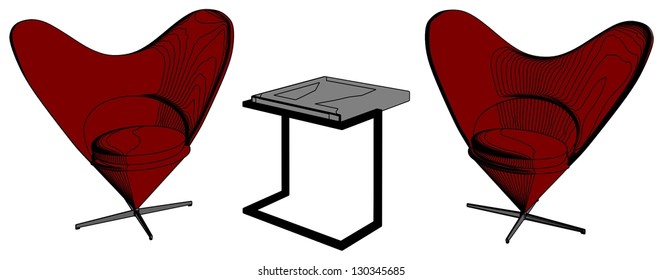 Modern Table and Armchairs In Shape Of Heart Vector 03
