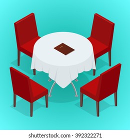 Modern table and chairs on white background. Flat 3d isometric vector illustration.