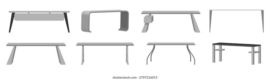 Moderno juego de escritorio de mesa para oficina y hogar con diferentes diseños en varios poses muebles para el hogar y oficina diseño interior aislado