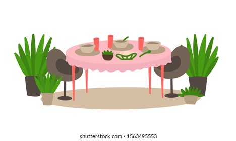 Modern table with food on kitchen. Daily life and routine at home. Cozy interior with modern furniture. Flat cartoon vector illustration