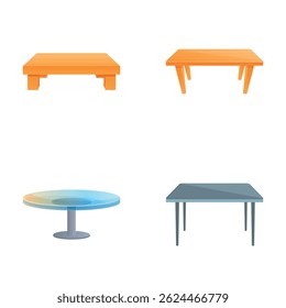 Conjunto de iconos de mesa modernos Vector de dibujos animados. Mesa de varias formas y materiales. Decoración del hogar, muebles