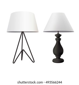 modern table lamp with white tapered lampshade on black tripod base and classic bedside  lamp with empire shade isolated on white background. vector illustration