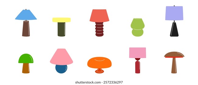 Modern table lamps with unique designer shades, set against a white background. Stylish lighting fixtures perfect for the home, bedroom, or workspace. Vector illustration.