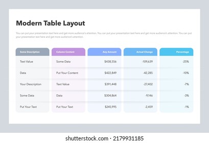 Modern table layout template with five colorful columns.