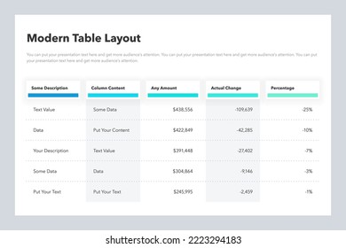 Modern table layout template with five colorful columns.	Simple flat template for data visualization.