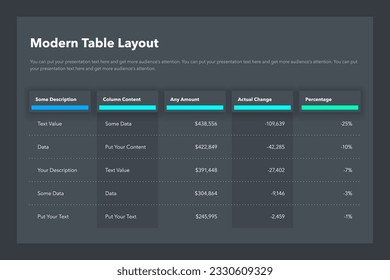 Modern table layout template with a five colorful columns - dark version. Simple flat template for project data visualization.