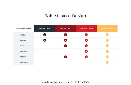 Modern table layout template with highlighted row. Flat design, easy to use for your website or presentation.