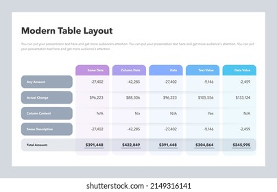 Modern table layout template with a total amount row. Flat design, easy to use for your website or presentation.