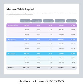 Modern table layout template with a total sum row. Flat design, easy to use for your website or presentation.