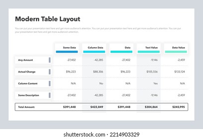 Modern table layout template with a total amount row. Flat infographic design.