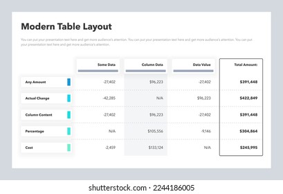 Modern table layout template with a total amount column. Simple flat template for data visualization.