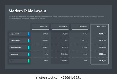 Modern table layout template with a total amount column - dark version. Simple flat template for project data visualization.