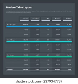 Modern table layout template with a total sum row - dark version. Simple flat template for data visualization.