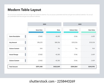 Modern table layout template with years columns and a total sum row. Simple flat template for data visualization.