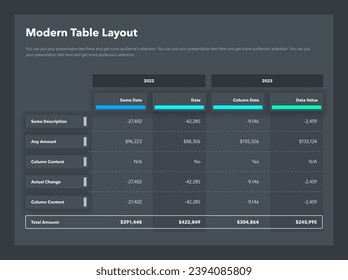 Modern table layout template with years columns and a total sum row - dark version. Simple flat template for data visualization.