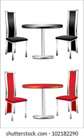 Modern table with two chairs on white background.