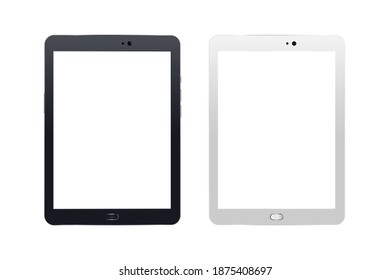 Modern Tablet In Black And White Version. Front View With Camera And Blank Screen Isolated On White Background. Realistic EPS Vector Illustration. Mockup, copyspace and frame concept