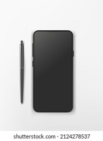 Modern tablet computer with black blank screen and black pen. Flat lay 3d vector illustration with clipping path