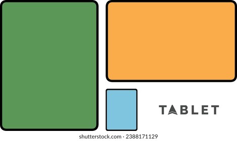Modern tablet computer with blank horizontal screen isolated on white background with green and blue scree. Editable Vector illustration. New version of premium trendy thin frame design.