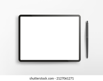 Modern tablet computer with blank screen and black pen. Flat lay 3d vector illustration isolated on white background