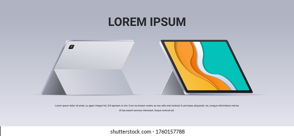 modern tablet computer front and back view realistic mockup gadgets and devices concept copy space horizontal vector illustration