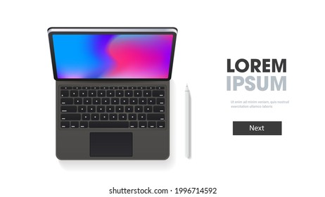 modern tablet computer with keyboard and colored screen isolated on white background realistic device