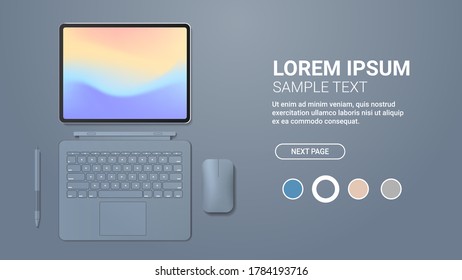 modern tablet computer with keyboard mouse pen and colored screen realistic mockup gadgets and devices concept horizontal copy space vector illustration