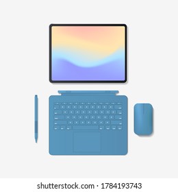 modern tablet computer with keyboard mouse pen and colored screen isolated on white background realistic mockup gadgets and devices concept vector illustration