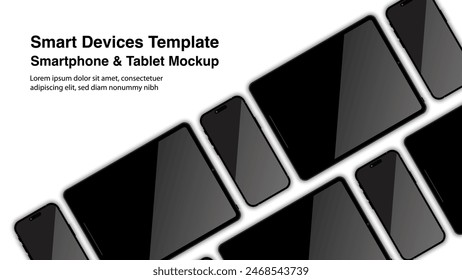 Modern tablet computer and smartphone mockups, with front views of realistic smart mobile phones and touchpad mockups isolated on a white background. Pad, slate, and phone device mockups. Vector.