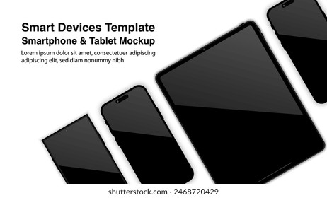 Modern tablet computer and smartphone mockups, with front views of realistic smart mobile phones and touchpad mockups isolated on a white background. Pad, slate, and phone device mockups. Vector.