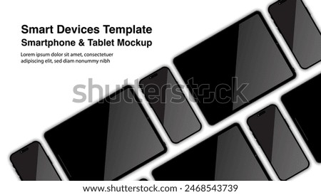 Modern tablet computer and smartphone mockups, with front views of realistic smart mobile phones and touchpad mockups isolated on a white background. Pad, slate, and phone device mockups. Vector.