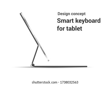 Modern tablet computer stand with blank screen isolated on white background - side view. Vector illustration. Modern tablet computer with keyboard mockup, isolated on white background, side view.