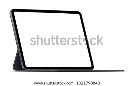 Modern tablet computer stand with blank screen isolated on white background - side view. Vector illustration