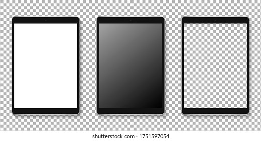 Modernes Tablet-Display Modell-Set. Realistische Tablette einzeln auf transparentem Hintergrund. Realistische Vektorgrafik.