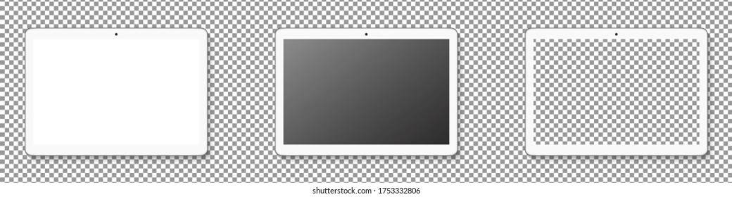 Modern Tablet display mockup set. Realistic tablet mockup isolated on transparent background. Realistic vector illustration.